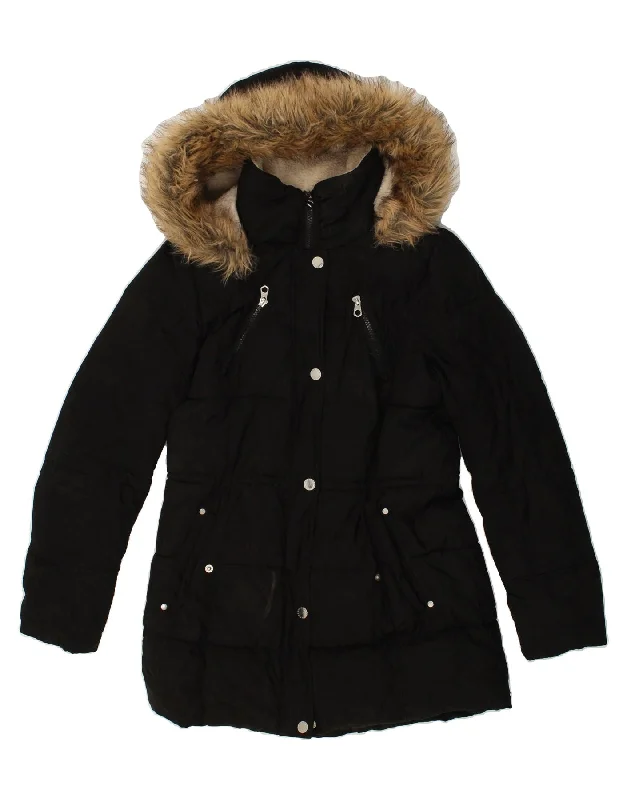 NAUTICA Womens Hooded Padded Coat UK 14 Medium Black Polyester Nylon Polyester Spandex