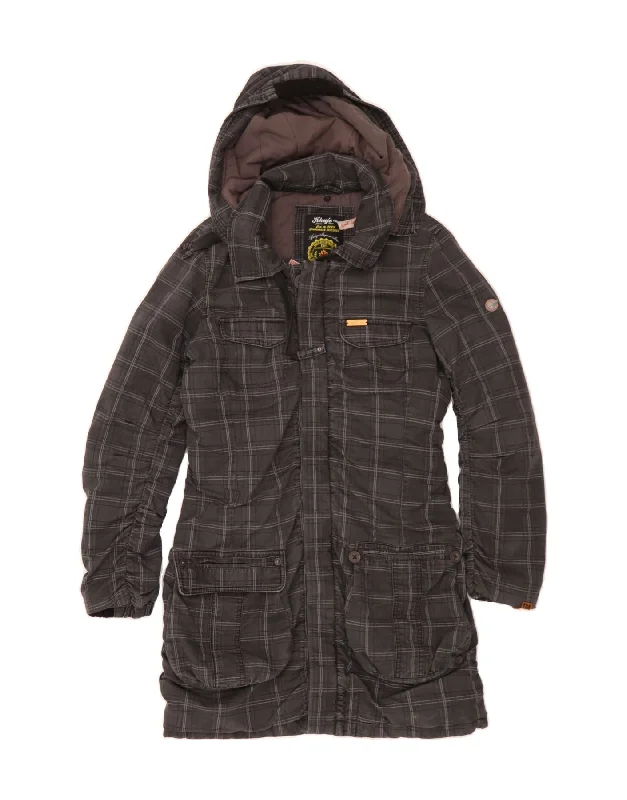 KHUJO Womens Hooded Windbreaker Coat UK 18 XL Grey Check Cotton Vest Waistcoat Gilet