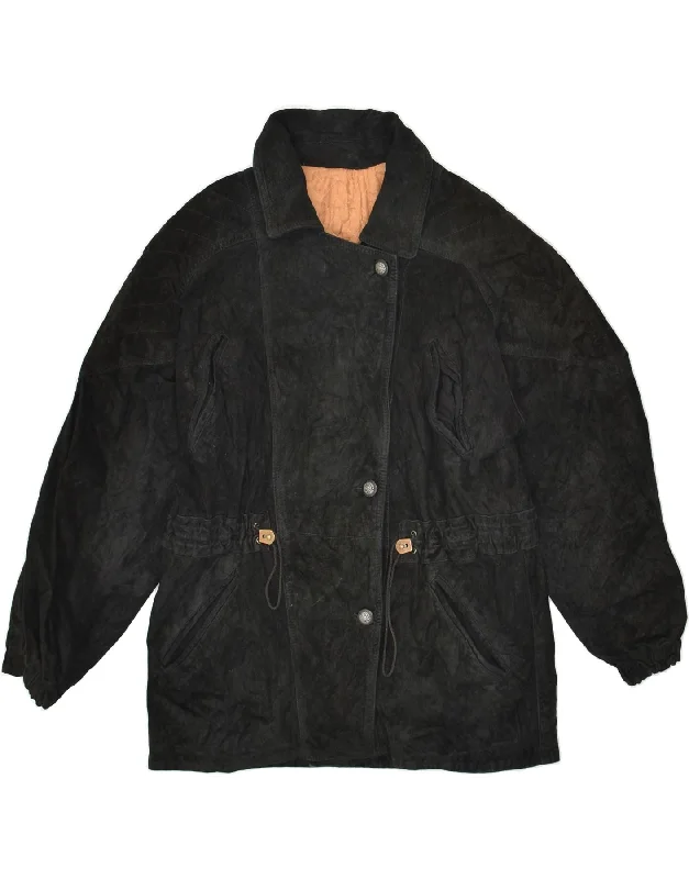 VINTAGE Womens Leather Coat UK 16 Large Black Leather Blouse Shirt Tunic