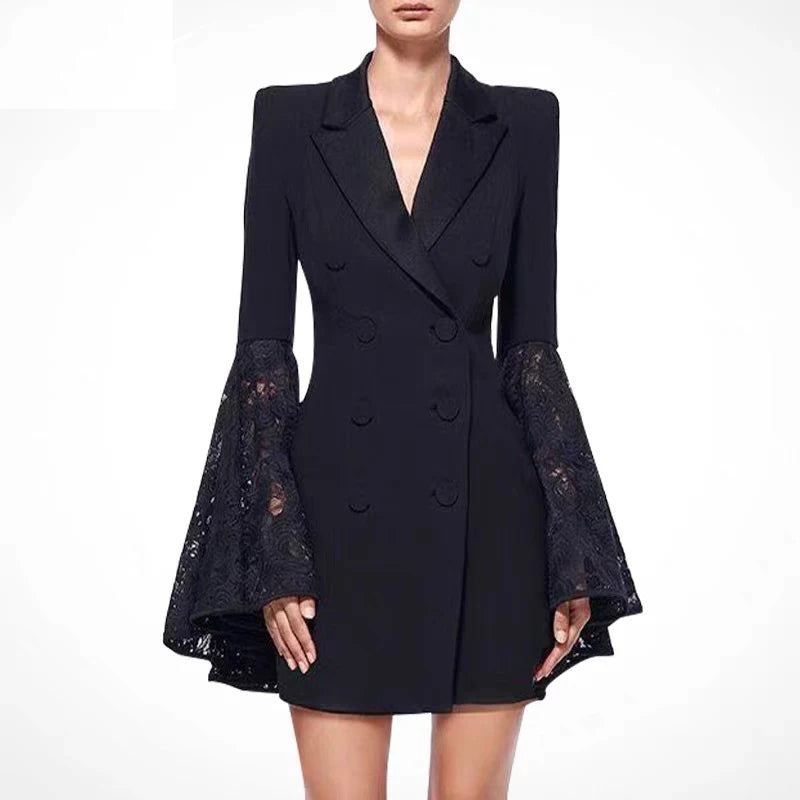 Wjczt Korea Fashion Designer Lace Patchwork Blazer Dress Women Autumn New Lapel Flare Sleeve Double Breasted Slim Waist Suit Clothes Women's Radiation Jacket