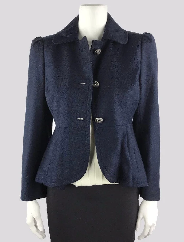 Juicy Couture Collared Long Sleeved Blazer In A Light Weight Navy Wool Size Small Women's Vintage Suit