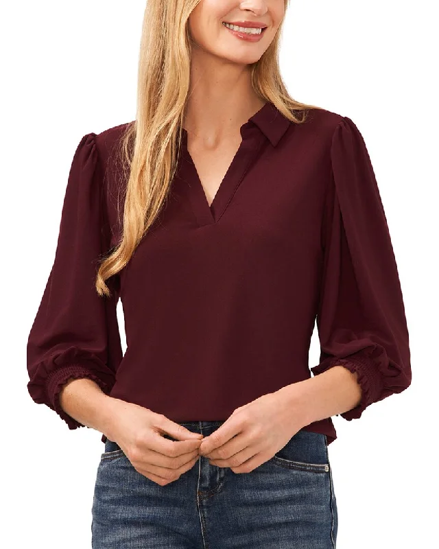 CeCe Split Neck 3/4 Sleeve Knit Top Jet Black Knit Tee