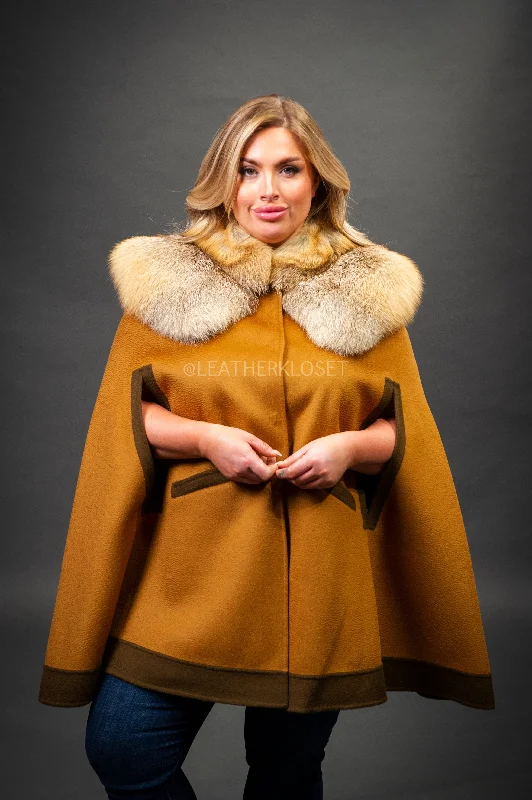 Women's Cashmere Poncho Coat With Fox Trimming [Cinnamon] Sequined Lace Ribbed
