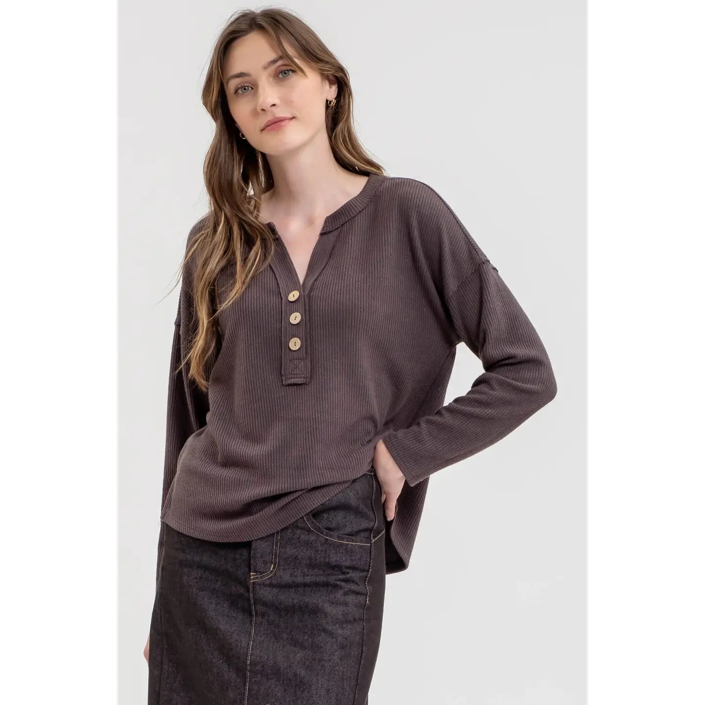 Charcoal Button Detail Knit Top Sophisticated Knit Shirt