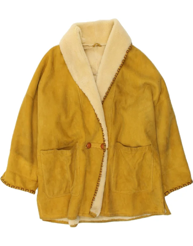 RUFF0 Womens Oversized Shearling Coat IT 42 Medium Yellow Leather Shawl Collar Notch Collar Lapel Collar RUFF0 Womens Oversized Shearling Coat IT 42 Medium Yellow Leather Shawl Collar Notch Collar Lapel Collar