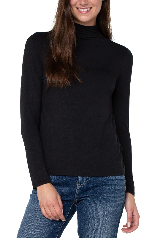 Liverpool Mock Neck Long Sleeve Knit Top (Black) Sophisticated Knit Shirt