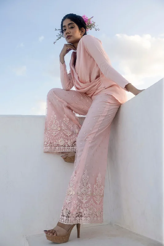 Satin Draped Blazer With Net Embroidered Pants Women's Luxury Jacket
