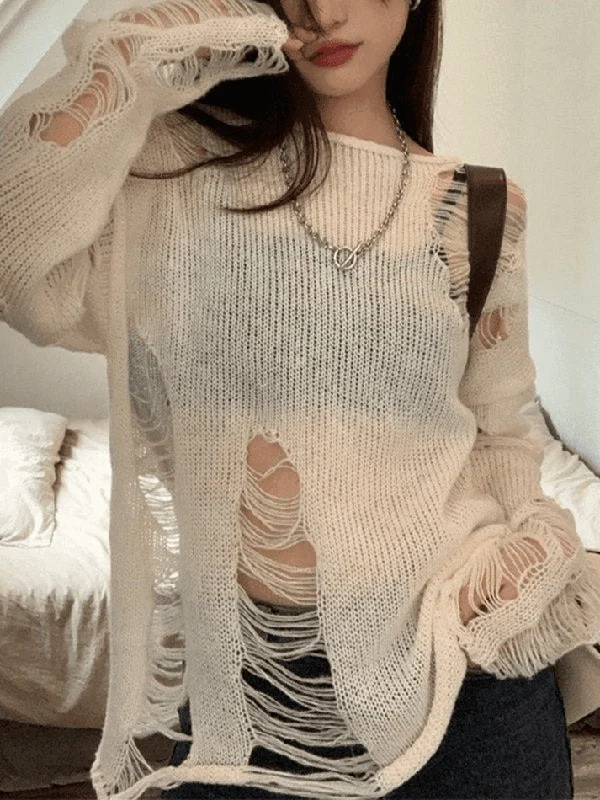 White Long Sleeve Distressed Knit Top Pastel Knit Top