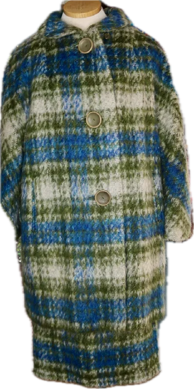 60s Gilbert Green/Blue Mohair Skirt/Coat Set   w34 Turtleneck Jacket Crew Neck Jacket V-Neck Jacket