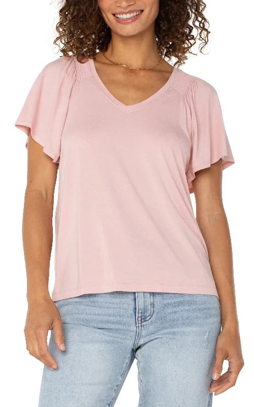 Liverpool Short Flutter Sleeve V Neck Knit Top (Soft Pink) Classic Knit Tee