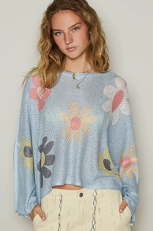 POL Flower Dropped Shoulder Long Sleeve Knit Top Metallic Knit Tee