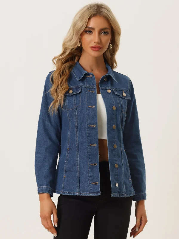 Denim Belted Lapel Collar Single Breasted Jean Jacket Zippered Front Buttoned Front Snap Front Zippered Front Buttoned Front Snap Front