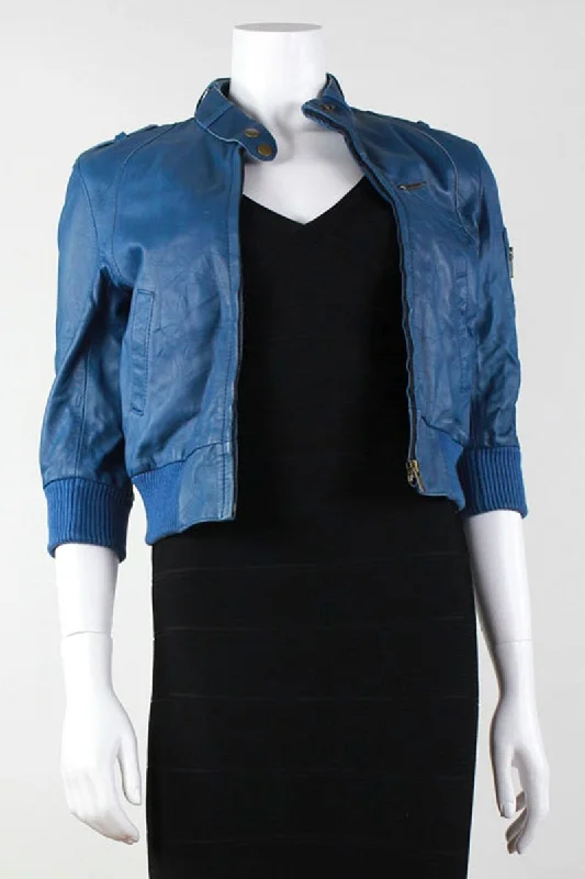 ALL SAINTS Blue Leather Jacket - 2 US Wool Jacket Cashmere Jacket Tweed Jacket Wool Jacket Cashmere Jacket Tweed Jacket