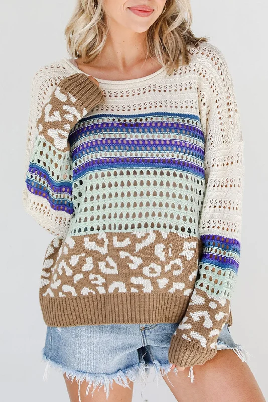 Hazel Blues® |  Leopard Striped Round Neck Crochet Knit Top Turtle Neck Knit Top