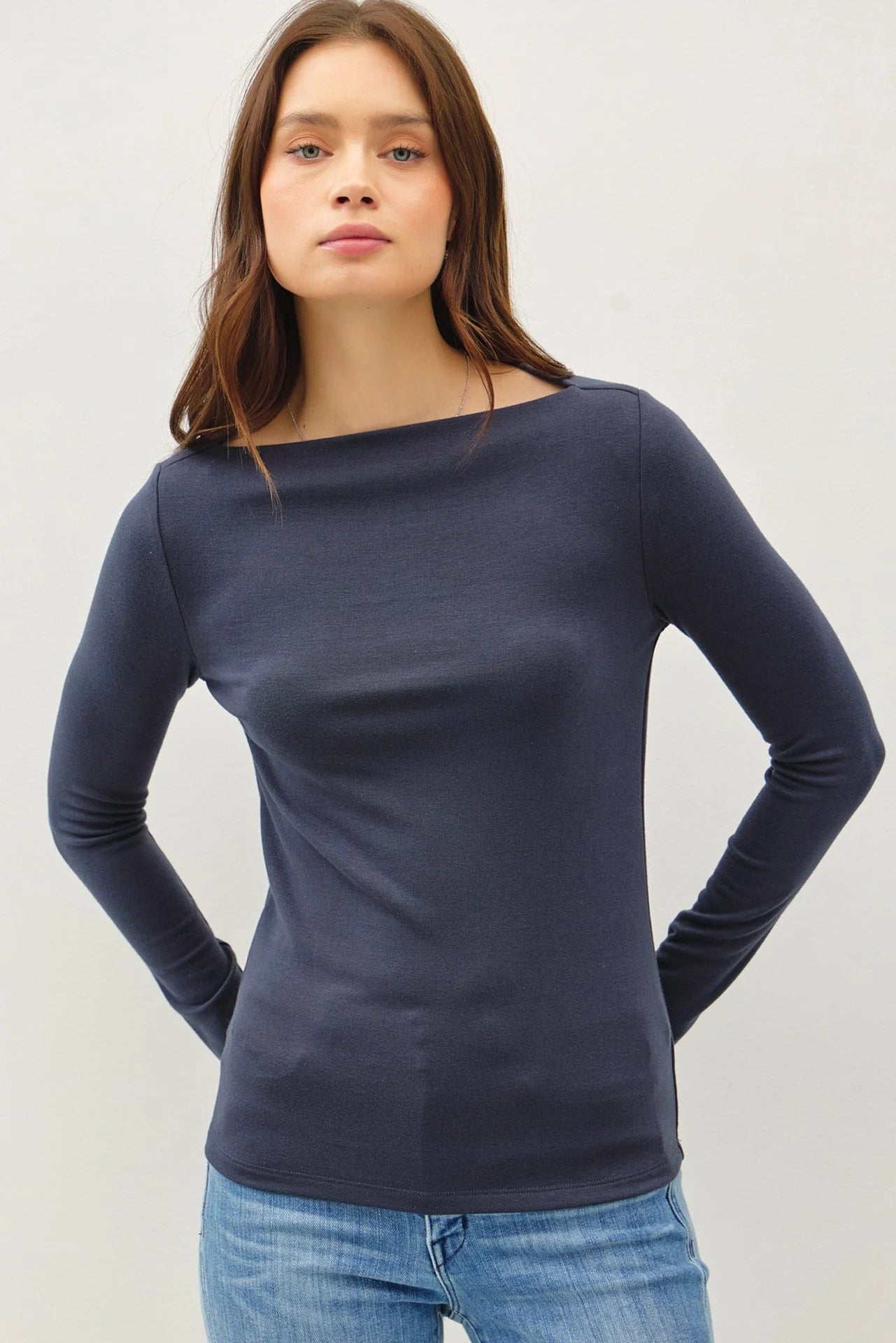 BASIC BOAT NECK LONG SLEEVE KNIT TOP Trendy Knit Top