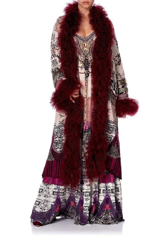 LONG KNIT JACQUARD COAT WITH FUR VIOLET CITY Zip Front Button Front Snap Front