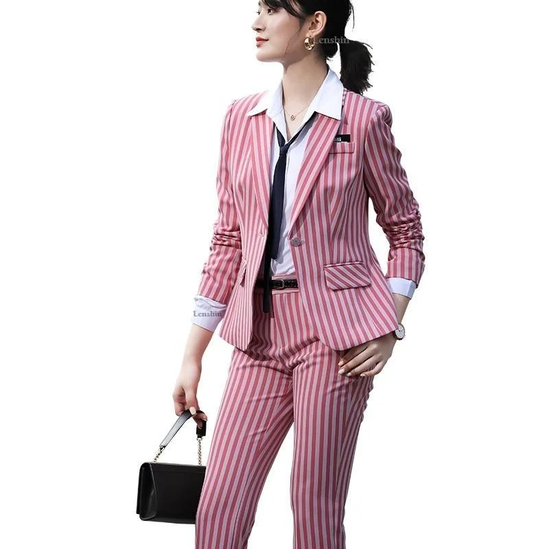 Striped Two-piece Set Blazer Pants Suits Women's Vintage Jacket