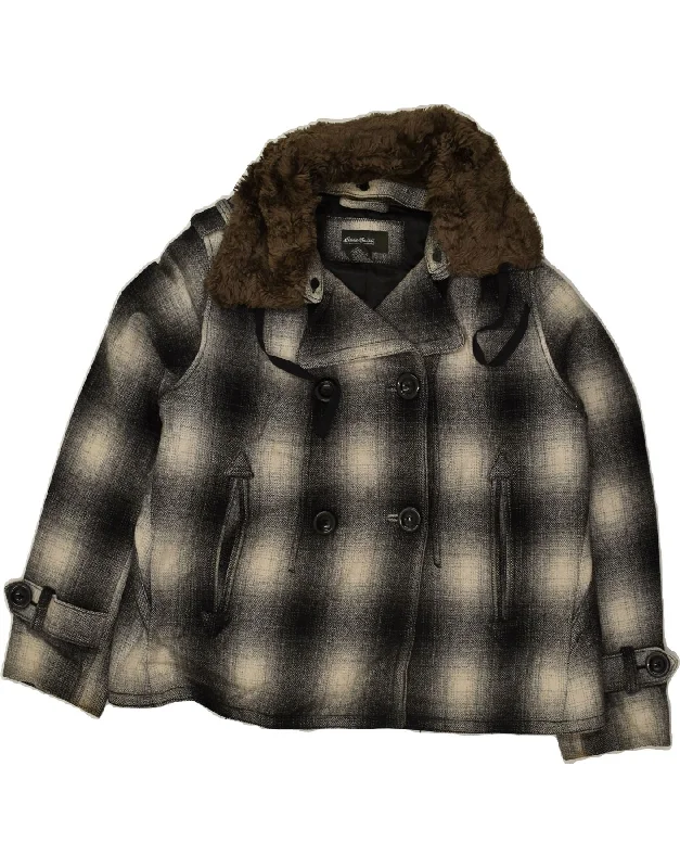 EDDIE BAUER Womens Double Breasted Coat UK 16 Large Black Check Wool Toggle Coat Shawl Collar Coat Notch Collar Coat