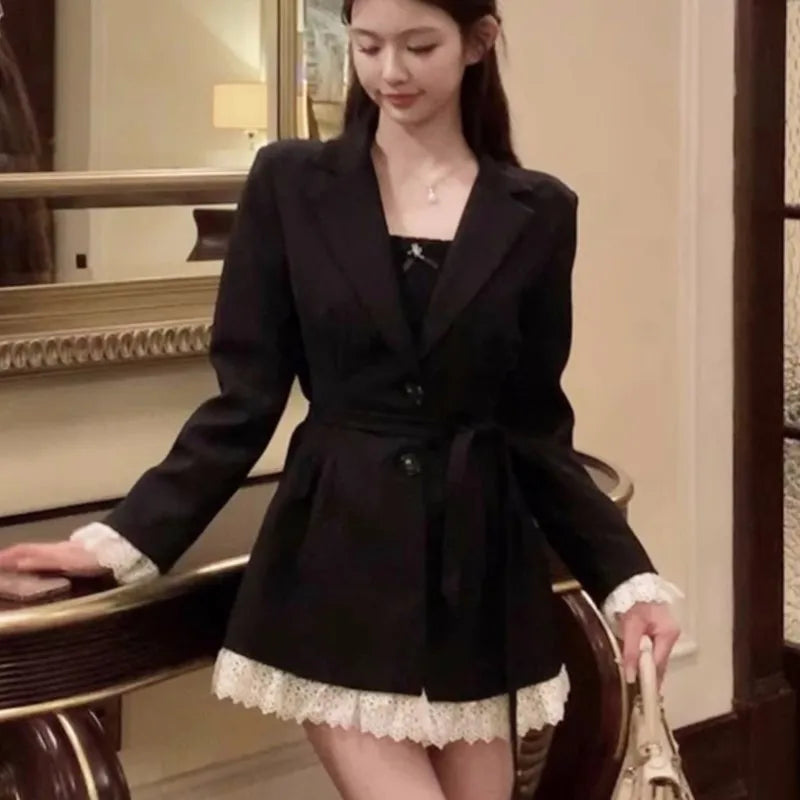 Wjczt Elegant Black Suit Dress Women Lace Patchwork Blazer Dress Turn-down Collar Slim Korean Fashion Y2K Autumn New Mini Vestidos Milan Custom Blazer