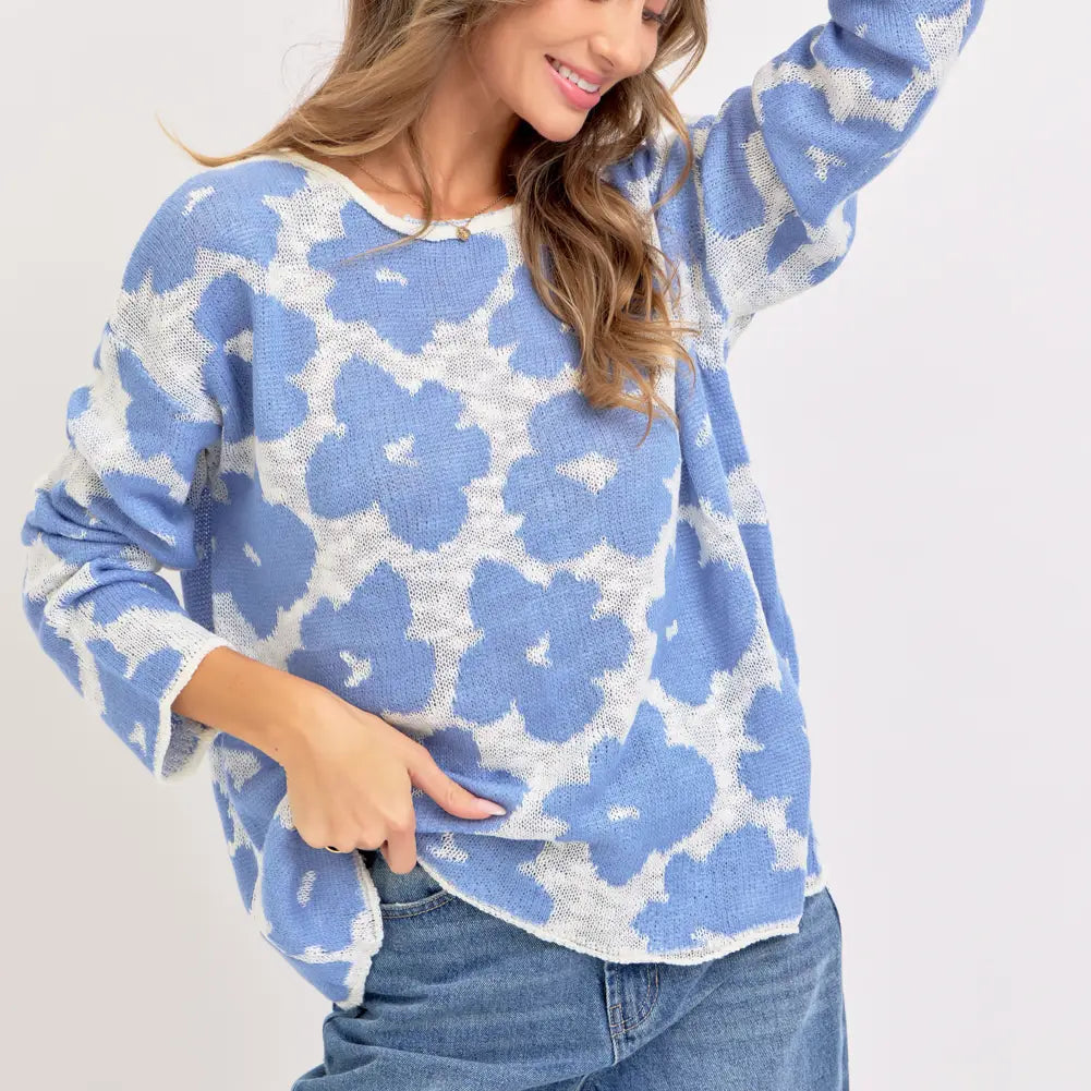Blue Floral Knit Top Metallic Knit Tee