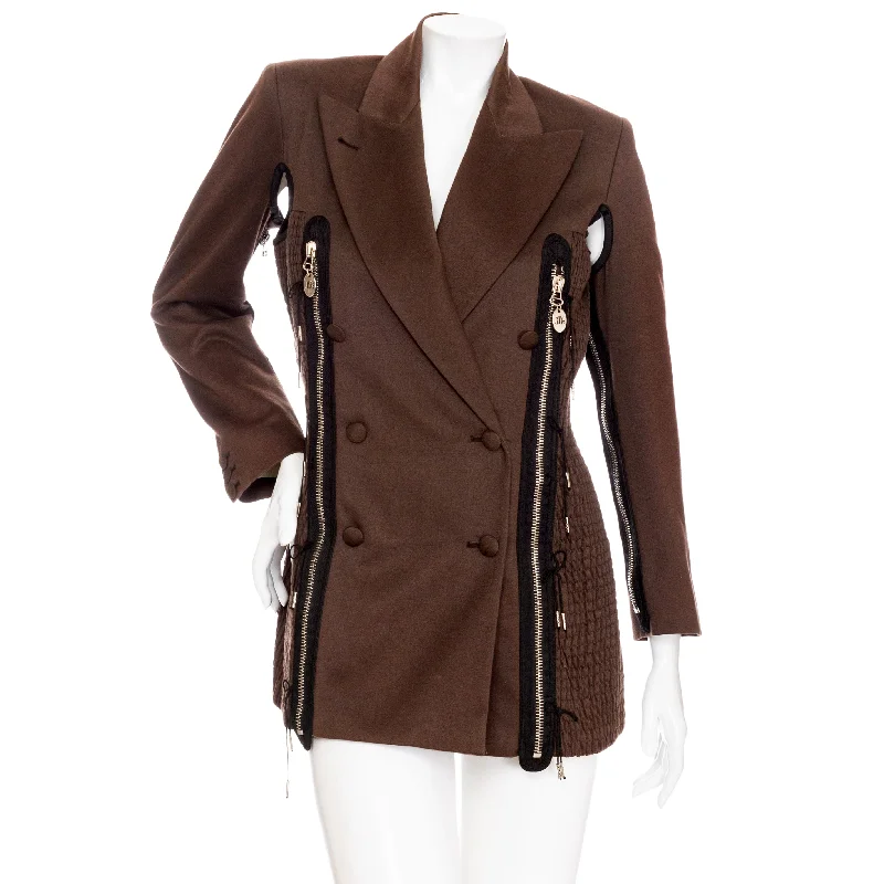 1990 Brown Wool Double-Breasted Zippered Blazer Women's Unique Blazer