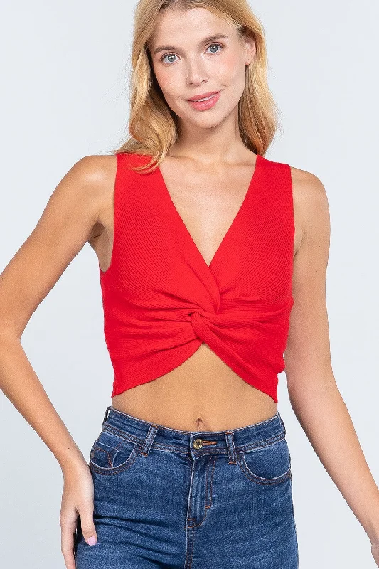 Sleeveless V-neck Twist Knot Knit Top Polo Neck Knit Top