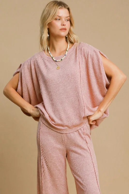 Umgee Exposed Seam Round Neck Batwing Sleeve Knit Top - Pink Modern Knit Blouse