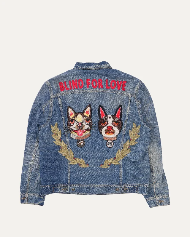 Blind For Love Embroidered Boston Terrier Appliqué Denim Trucker Jacket V-Neck Jacket Boat Neck Jacket Square Neck Jacket V-Neck Jacket Boat Neck Jacket Square Neck Jacket