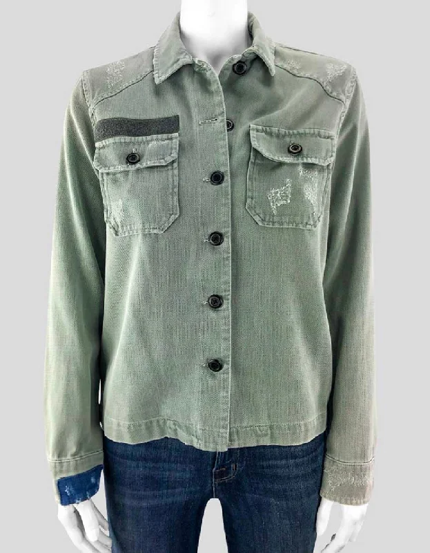 All Saints Army Green Distressed Shirt Denim Jacket Women - 2 US Hooded Jacket Caped Jacket Shawl Collar Jacket Hooded Jacket Caped Jacket Shawl Collar Jacket