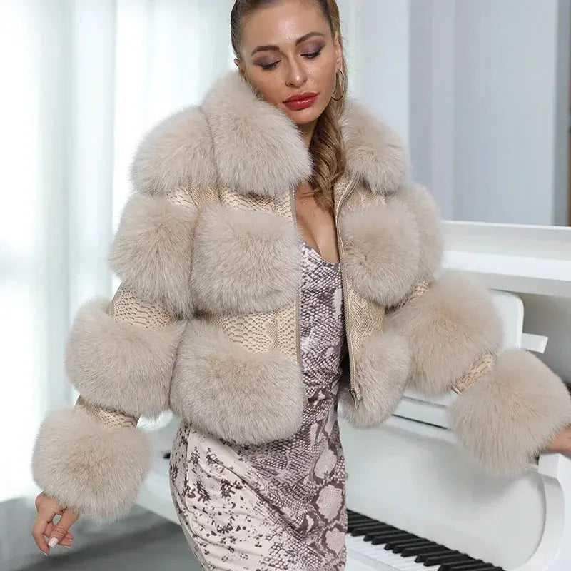 QUEENTINA Real Fox Fur Coat for Women, New Outwears Winter Fashion Tailored Straight A-Line