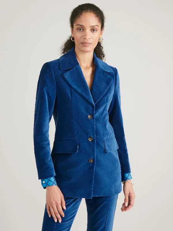 Bianca Midnight Blue Single Breasted Velvet Jacket Oversized Jacket Tailored Jacket Straight Jacket Oversized Jacket Tailored Jacket Straight Jacket