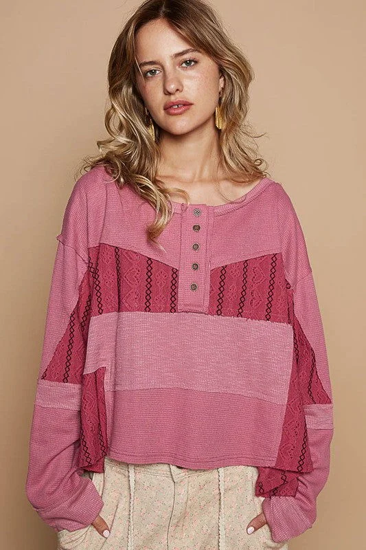 POL Half Button Color Block Drop Shoulder Knit Top - Cerise Organic Knit Top