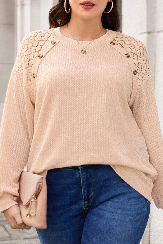 Beige Plus Size Lace Patchwork Buttons Waffle Knit Top Ruby Red Knit Shirt