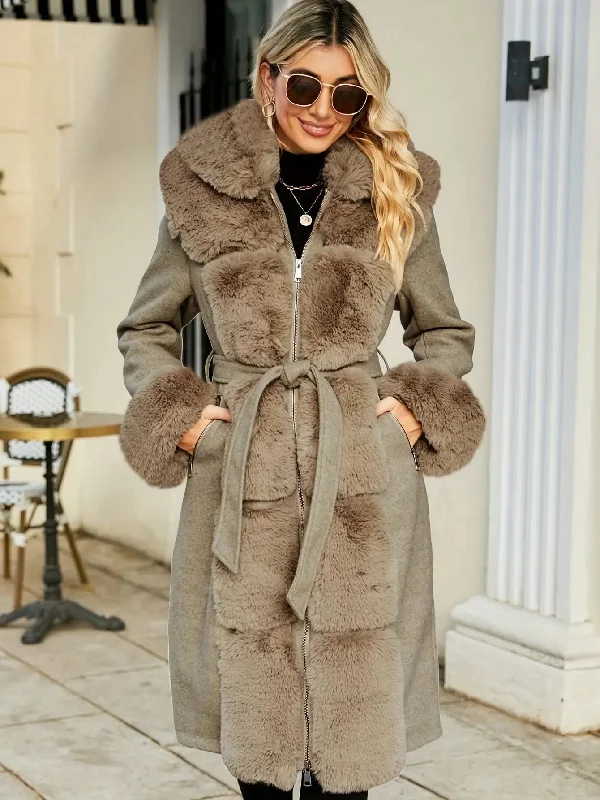 Women'S Elegant Faux Fur Coat, Solid Color Knit Fabric with Belt Detail, Polyester 65% Viscose 35% Winter Vent Hem Cuff