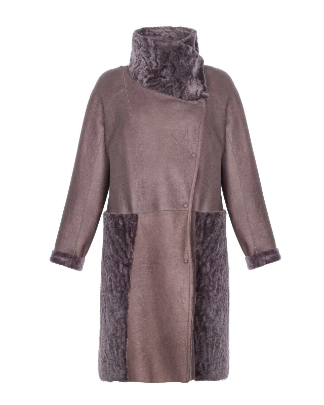 Brown Long Shearling Coat Solid Print Jacquard