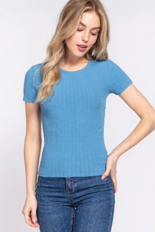Short Slv Crew Neck Variegated Rib Knit Top Royal Blue Knit Top