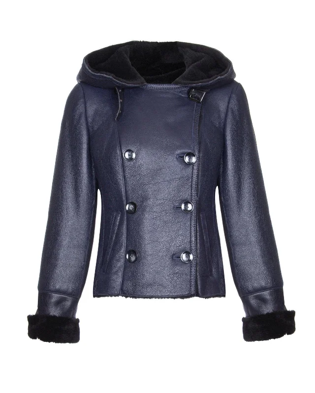 Navy Shearling Coat Three-Quarter Sleeve Elbow Sleeve Wrist Sleeve