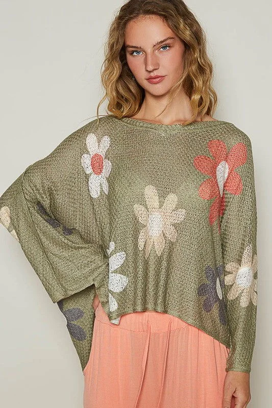 POL Flower Dropped Shoulder Long Sleeve Knit Top In Olive Silver Knit Shirt