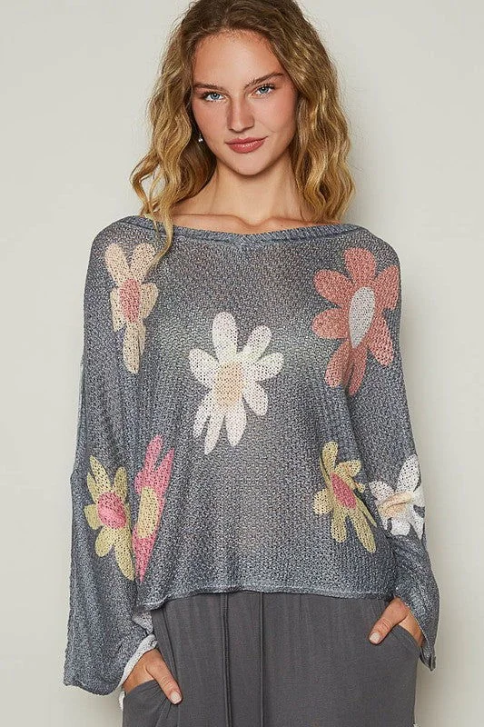 POL Flower Dropped Shoulder Long Sleeve Knit Top In Charcoal Cream Knit Top