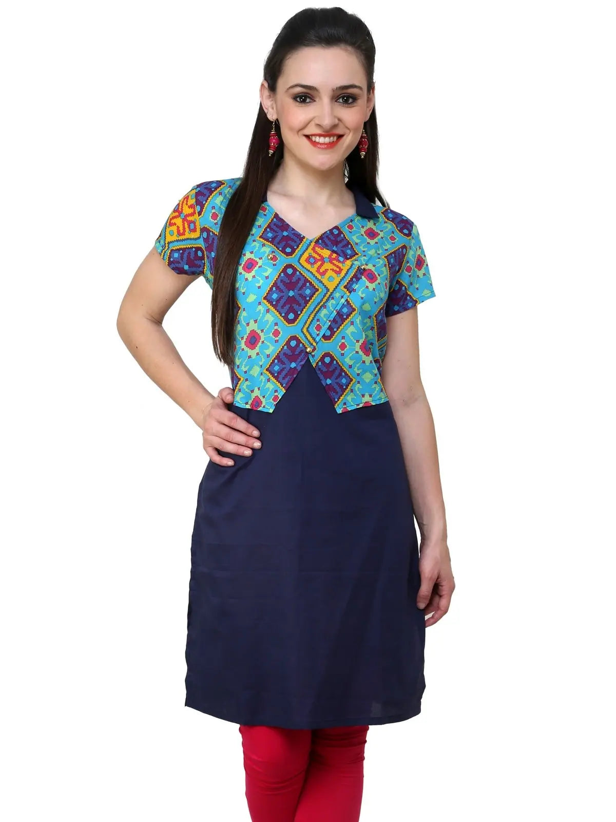 Pannkh Women's Blue Diamond Print Waist Coat Kurti Quilted Jacket Anorak Windbreaker