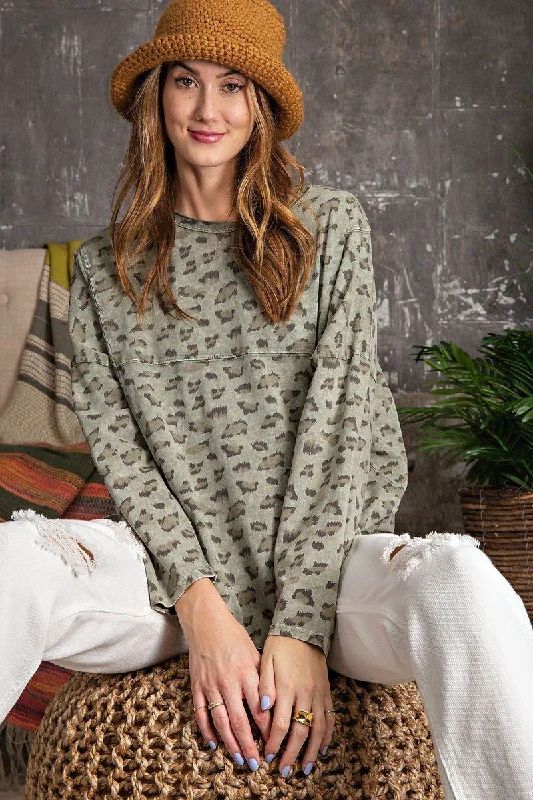 Leopard Printed Garment Dye Loose Fit Knit Top Designer Knit Top