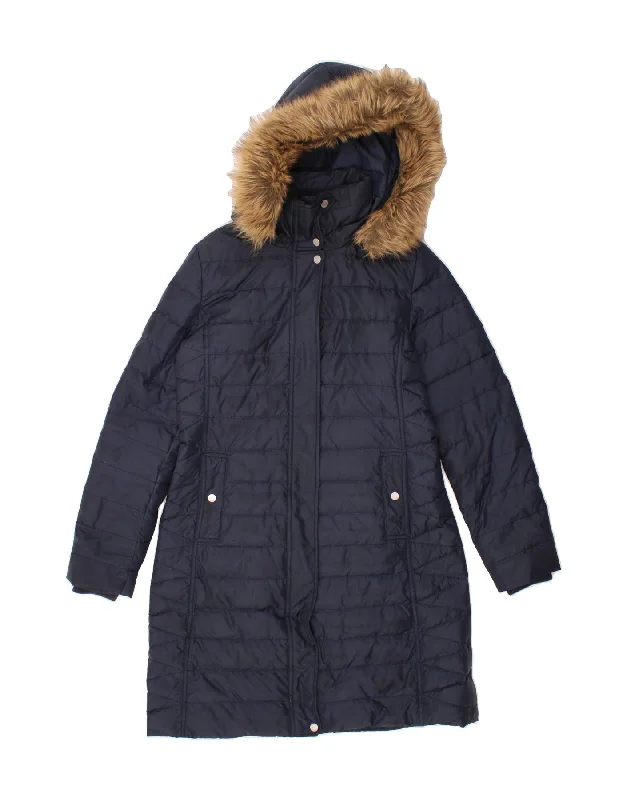 TOMMY HILFIGER Womens Hooded Padded Coat UK 14 Medium Navy Blue Polyester Cuffed Rolled Raglan