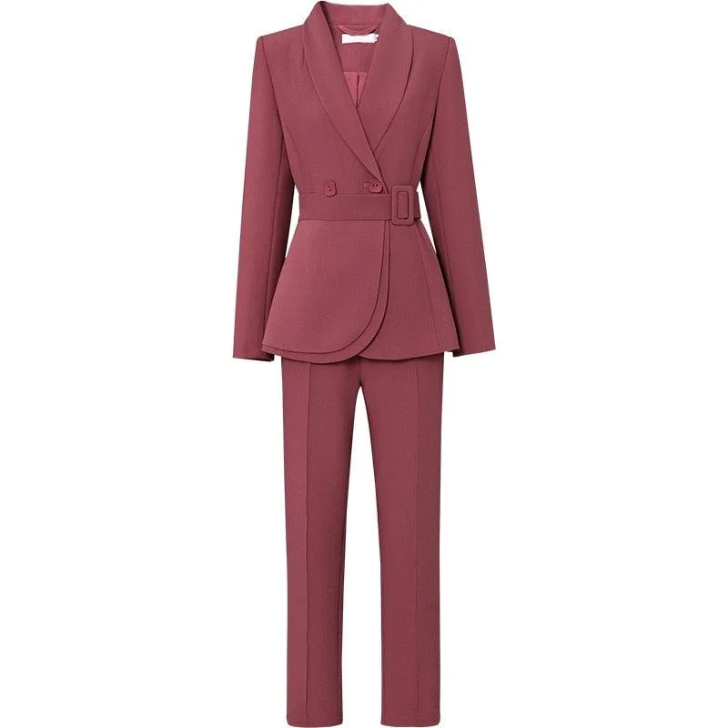 Waist Belted Blazer and High Waist Pants Suit Set Women's Plaid Suit