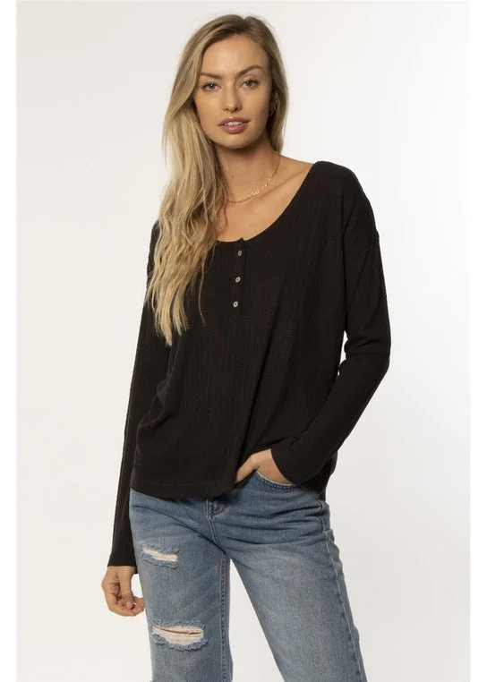Amuse Society SADIE LS KNIT TOP - BLACK Hemp Knit Blouse