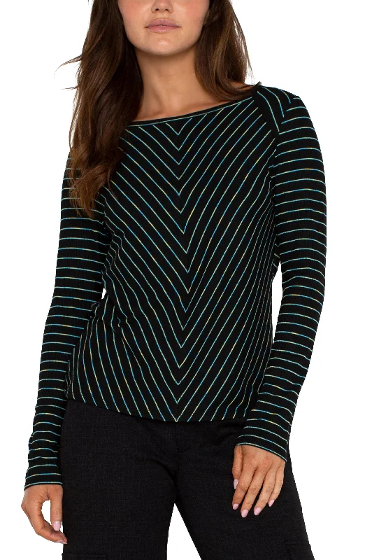 Liverpool Long Sleeve Boat Neck Knit Top w/ Miter Front (Malachite Stripe) Organic Knit Top