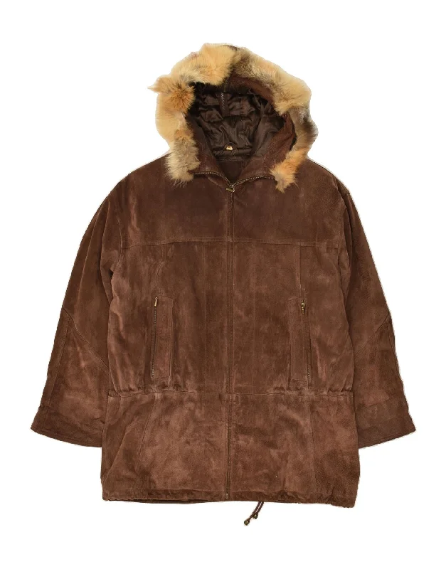 VINTAGE Womens Oversized Hooded Leather Coat EU 40 Medium Brown Leather Vent Hem Cuff