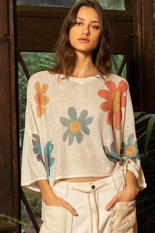 POL Flower Dropped Shoulder Long Sleeve Knit Top In Ivory Gold Knit Top