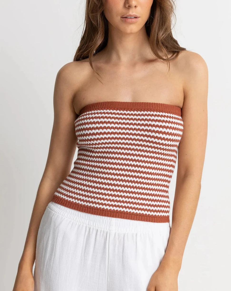 Spirit Strapless Knit Top in Spice Asymmetrical Knit Blouse