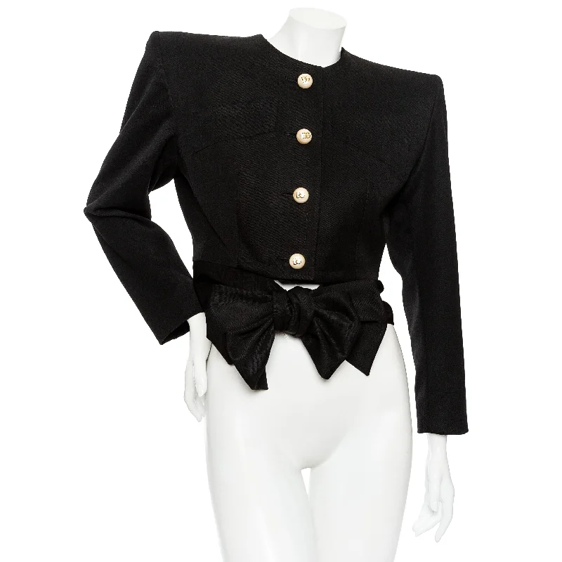 Black Wool Structured Tie-Waist Blazer Women's Boutique Suit