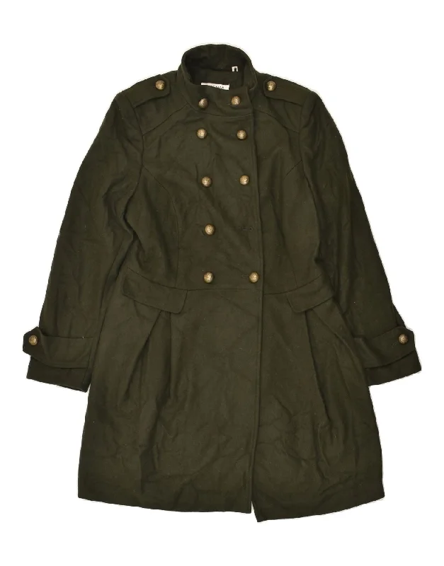 NAF NAF Womens Double Breasted Coat IT 40 Small Khaki Wool Plaid Tartan Floral